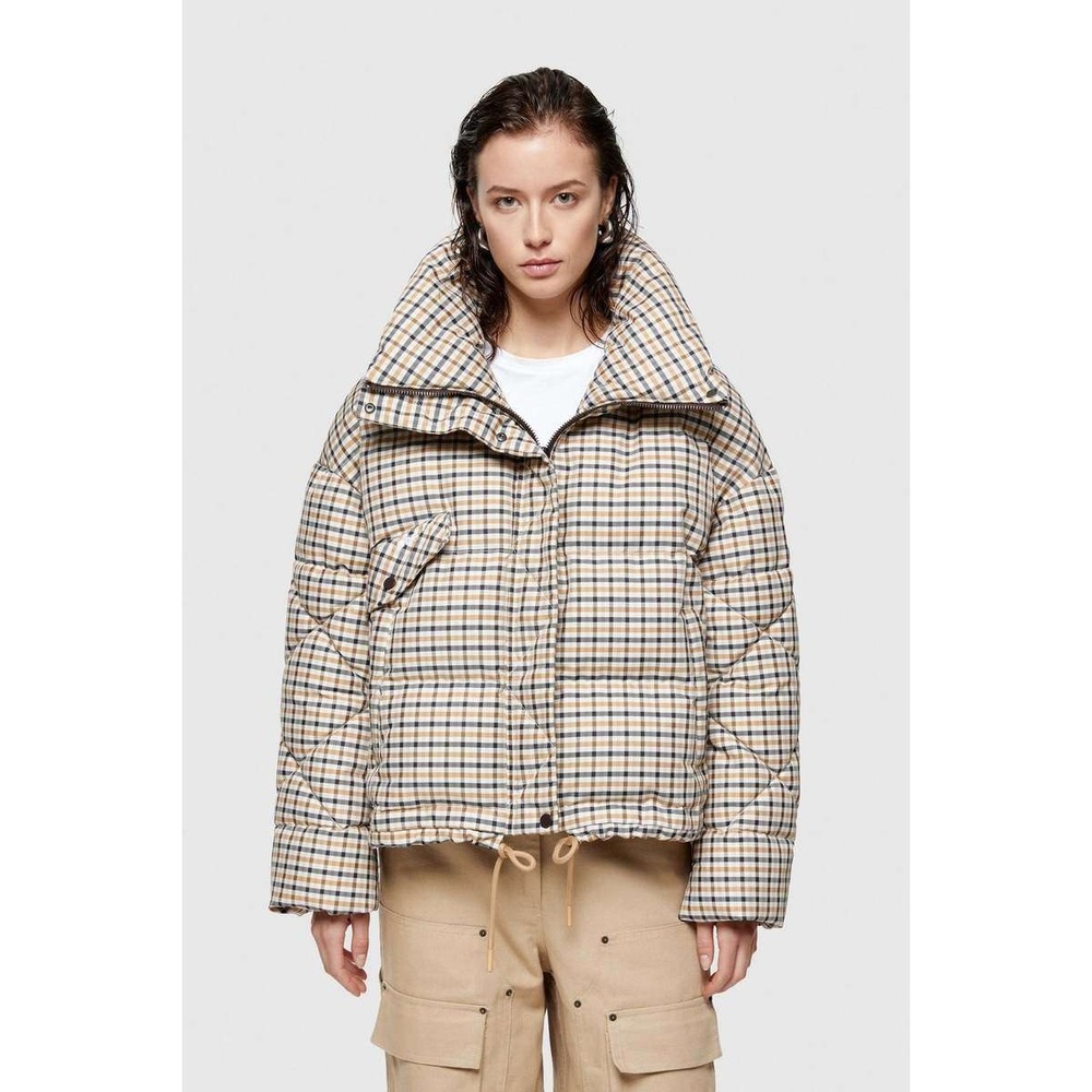 OOFWEAR Puffer Jacket *FLAW Plaid Check Coat Funnel Neck Drawstring Women Size S